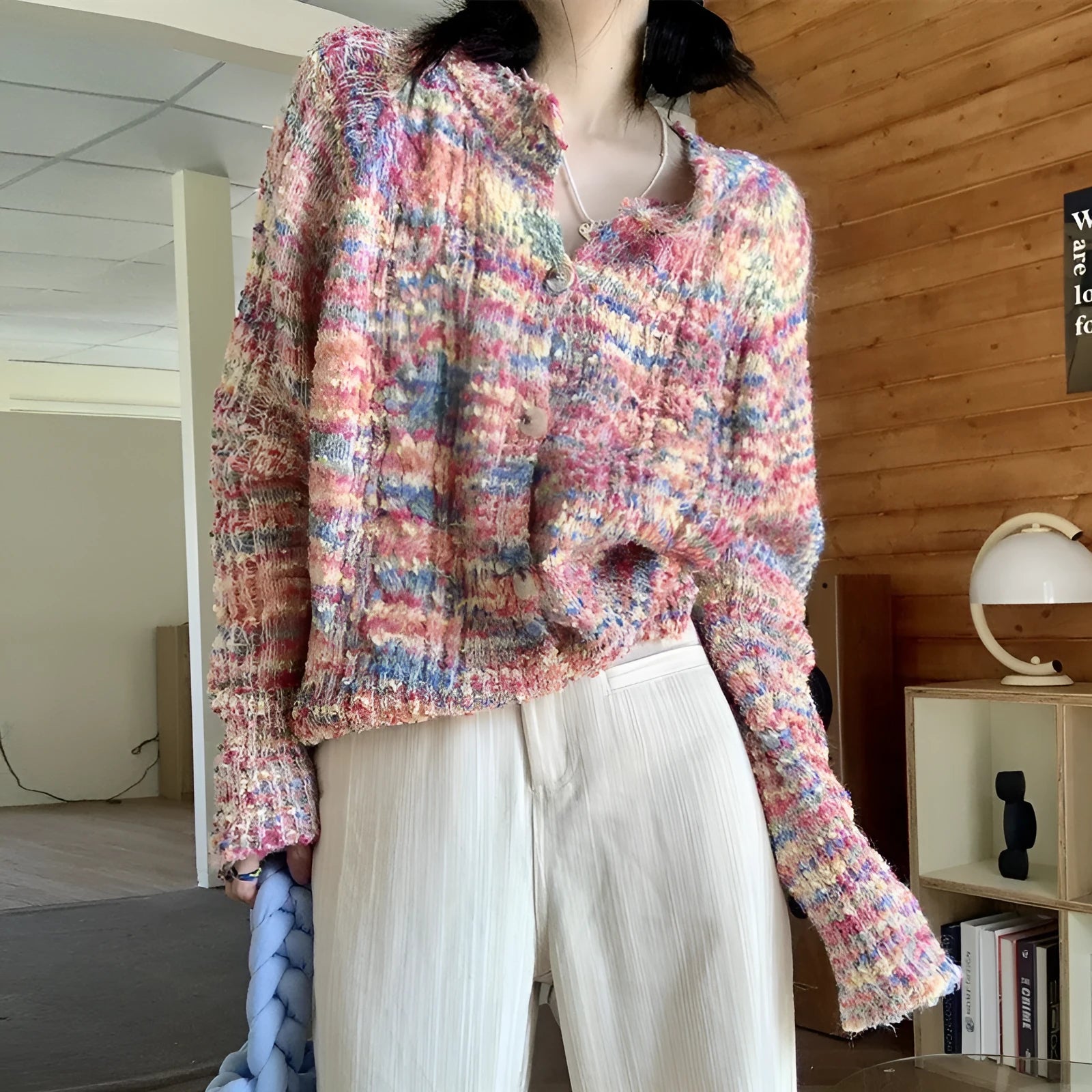 Pink and green retro rainbow patterned knitted cardigan sweater on a hanger.
