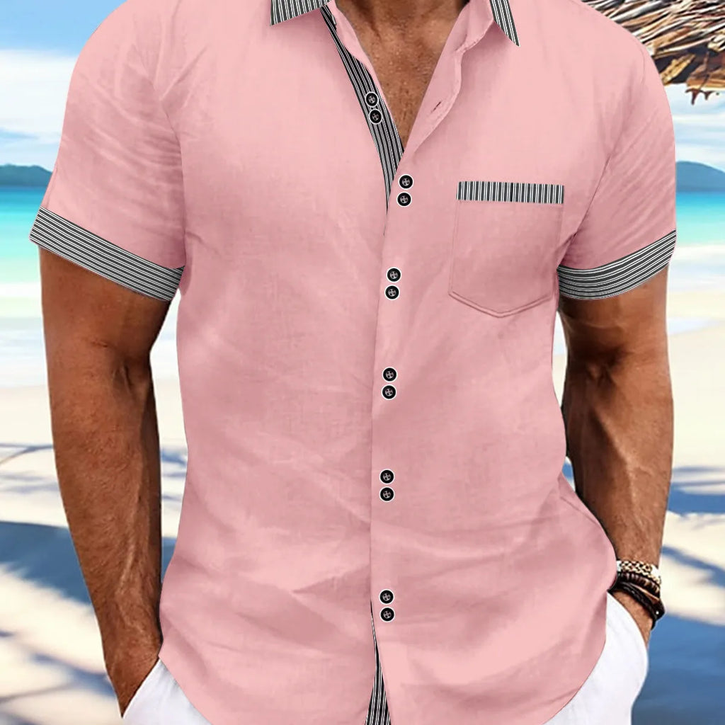 Man wearing a striped, slim fit, pure cotton short sleeve shirt with a double button front in a light blue colour.