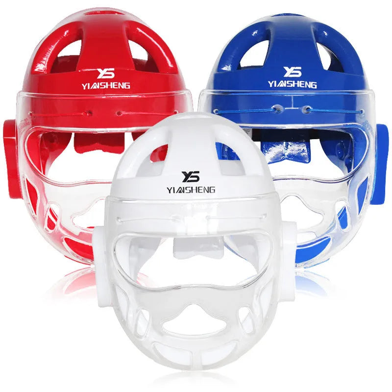 Karate boxing helmet for head protection available in blue, red and white colours with size options
