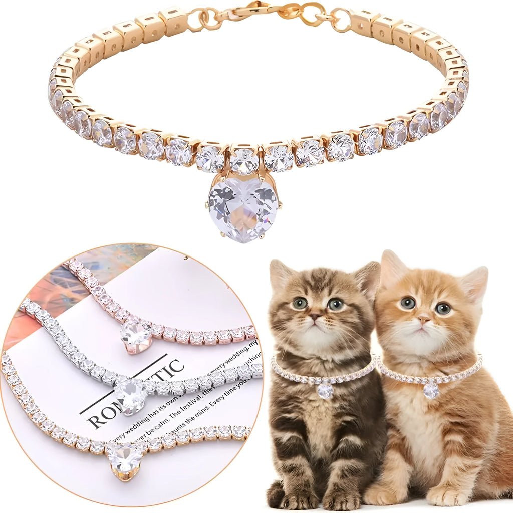 Gold rhinestone heart-shaped decorative collar for dogs or cats on a metal chain.