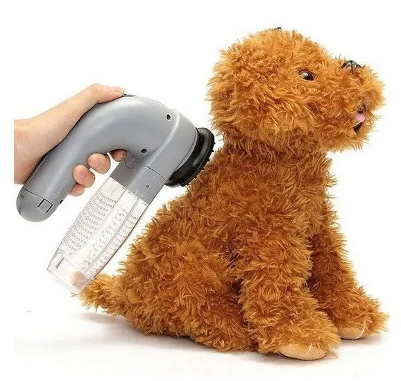 Grey portable pet hair removal vacuum with soft rubber head and large collection canister