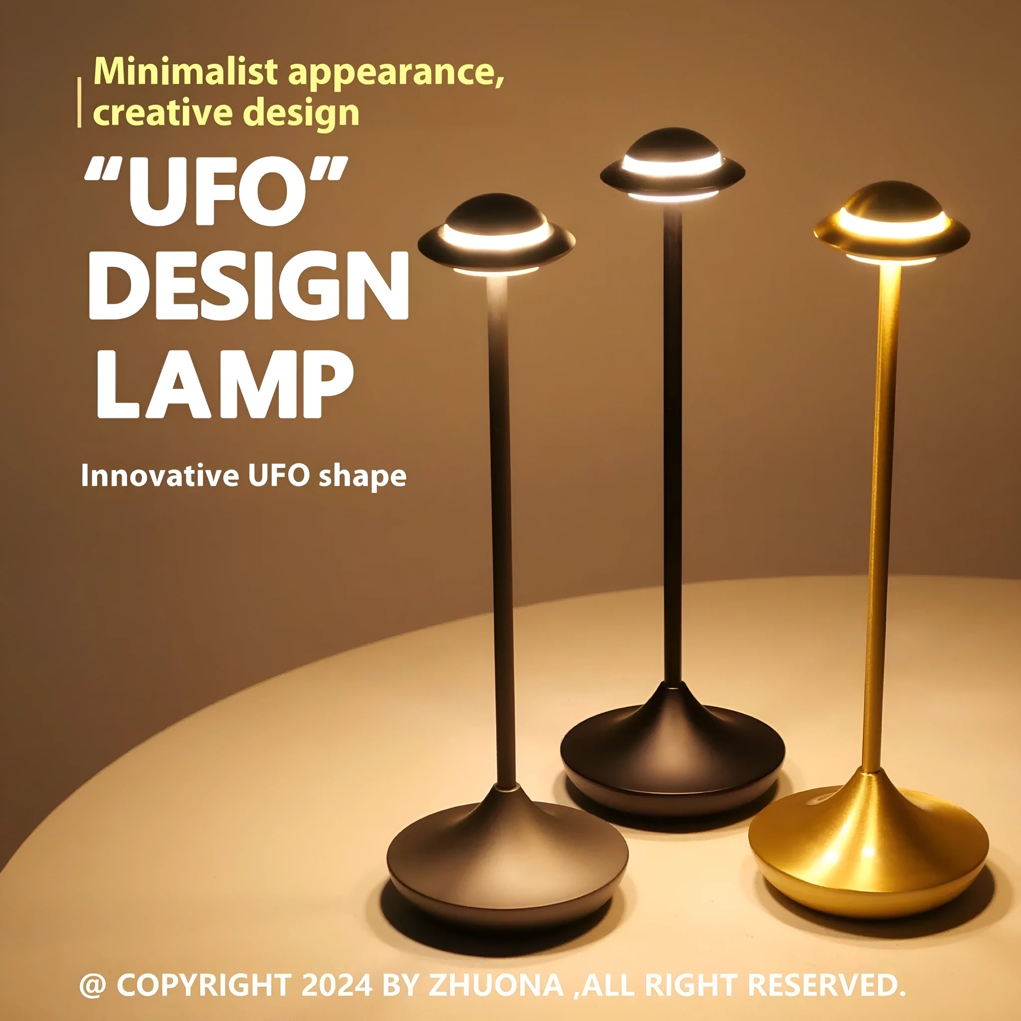 Rechargeable UFO table lamp in gold, grey or black with touch dimming controls