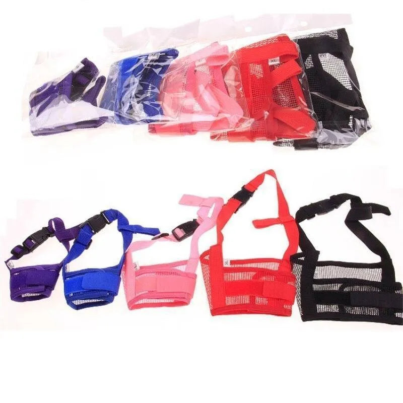 Adjustable plastic dog safety muzzle shown in multiple colours and sizes for biting and barking control.