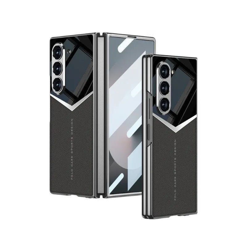 Electroplating plain leather phone case for Samsung Z Fold in black with hard shell