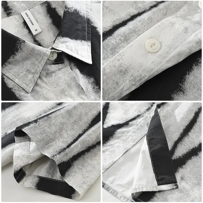 A retro-style black and white striped short sleeve shirt with a loose, cardigan fit.