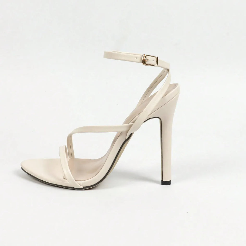 Women's metallic open toe high heels with cross strap ankle design in gold, silver, or milky white