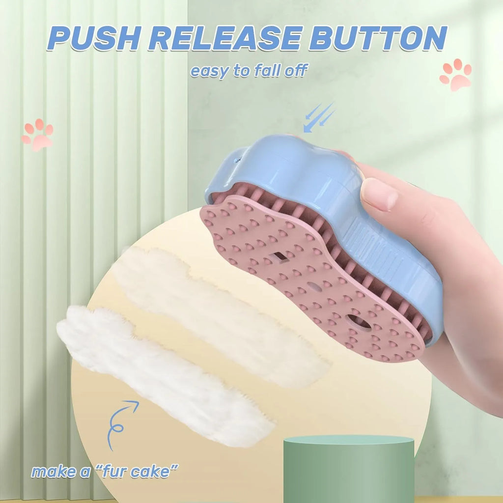Self-cleaning cat steam brush with blue light, water spray tank, and silicone bristles