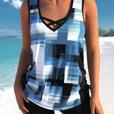 Women's printed split boxer swimsuit set with top and shorts on a mannequin