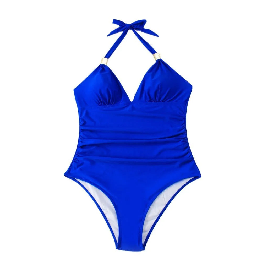 Blue women's conservative swimsuit made of quick-dry polyester with spandex lining.