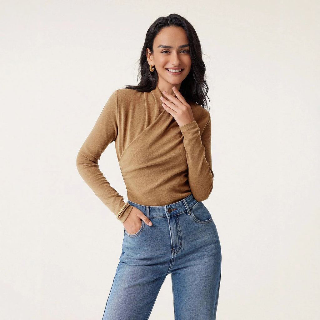 Camel coloured slim fit women's pullover sweater with long sleeves