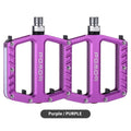 Aluminium alloy bicycle pedals with glowing 710 LED lights in purple, black, red, gold, and titanium colour options.