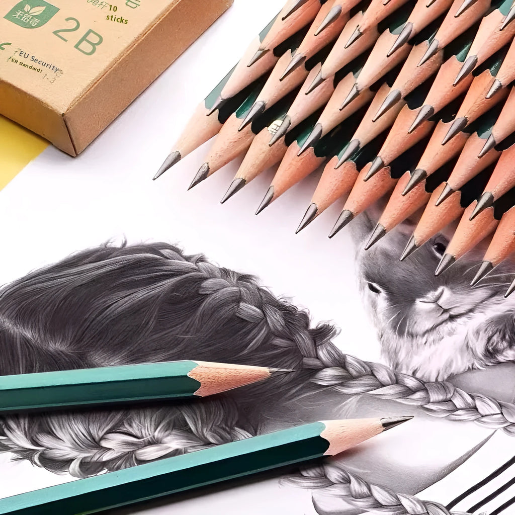 Green rod pencil set showing six-angle wooden barrels with 2B and HB graphite grades