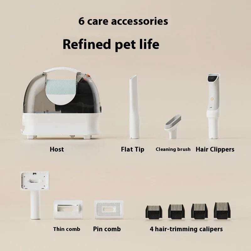 Pink and white multifunctional pet grooming vacuum cleaner with electric shear and attachments on a white background.