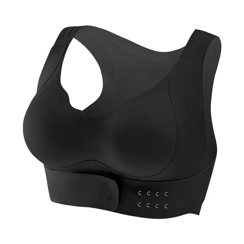 Women's front buckle back shaping sports bra for yoga in black, white, or nude.