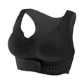 Women's front buckle back shaping sports bra for yoga in black, white, or nude.