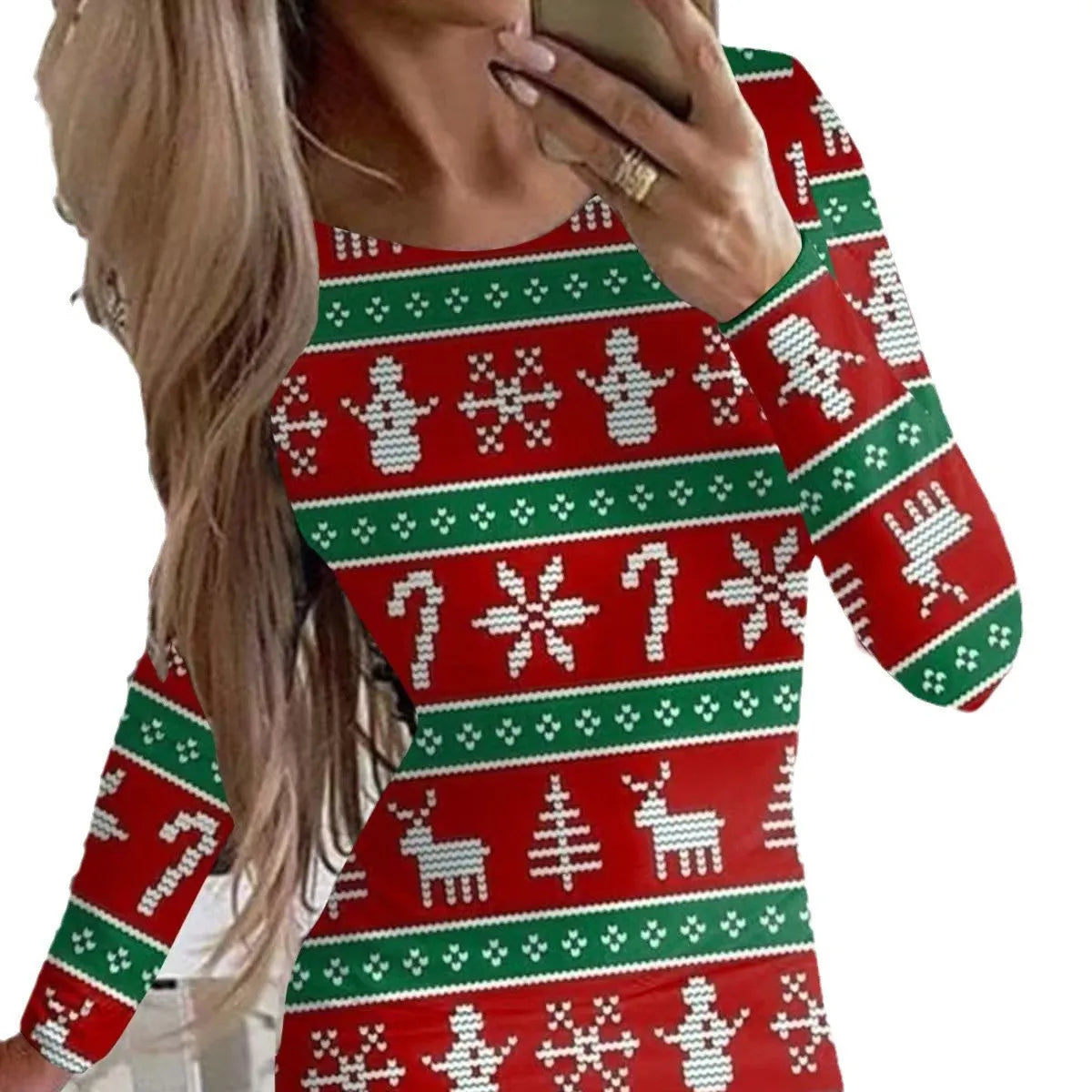 Christmas animal print dress with round neck, long sleeves, and floral pattern in polyester fabric