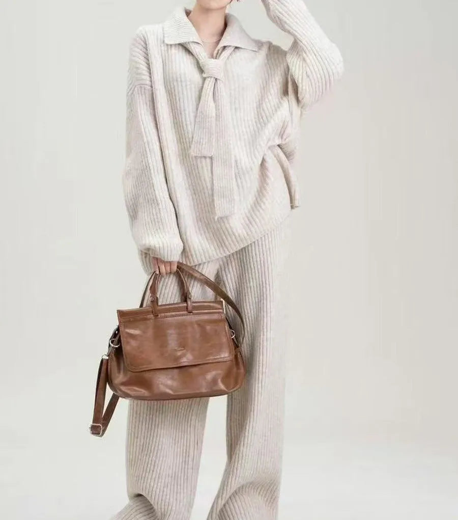 Women's dark grey imitation cashmere knit top and trousers two-piece set for commuting.