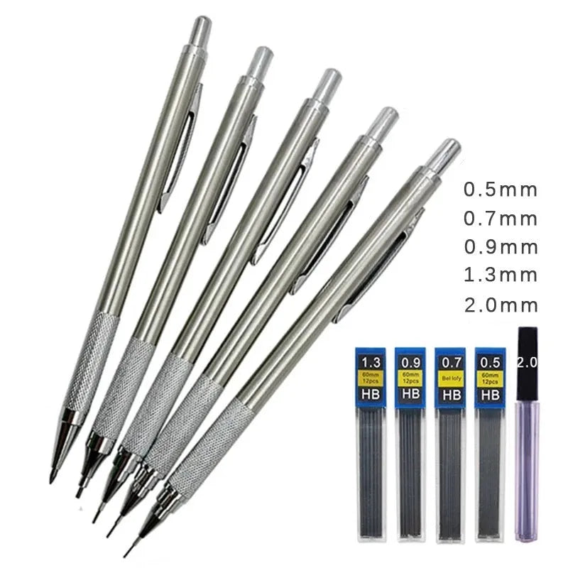 Metal automatic mechanical pencil with multiple lead size options including 0.5mm, 0.7mm, 0.9mm, 1.3mm, and 2.0mm