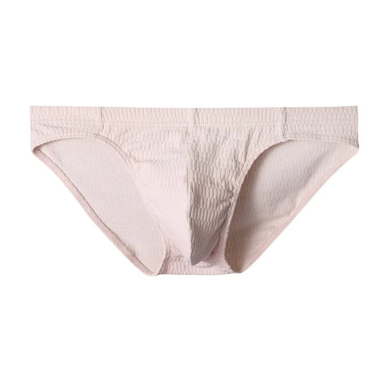 Men's solid colour cotton triangle underwear briefs laid flat, showing mid-waist design in apricot, black, skin colour and white options.