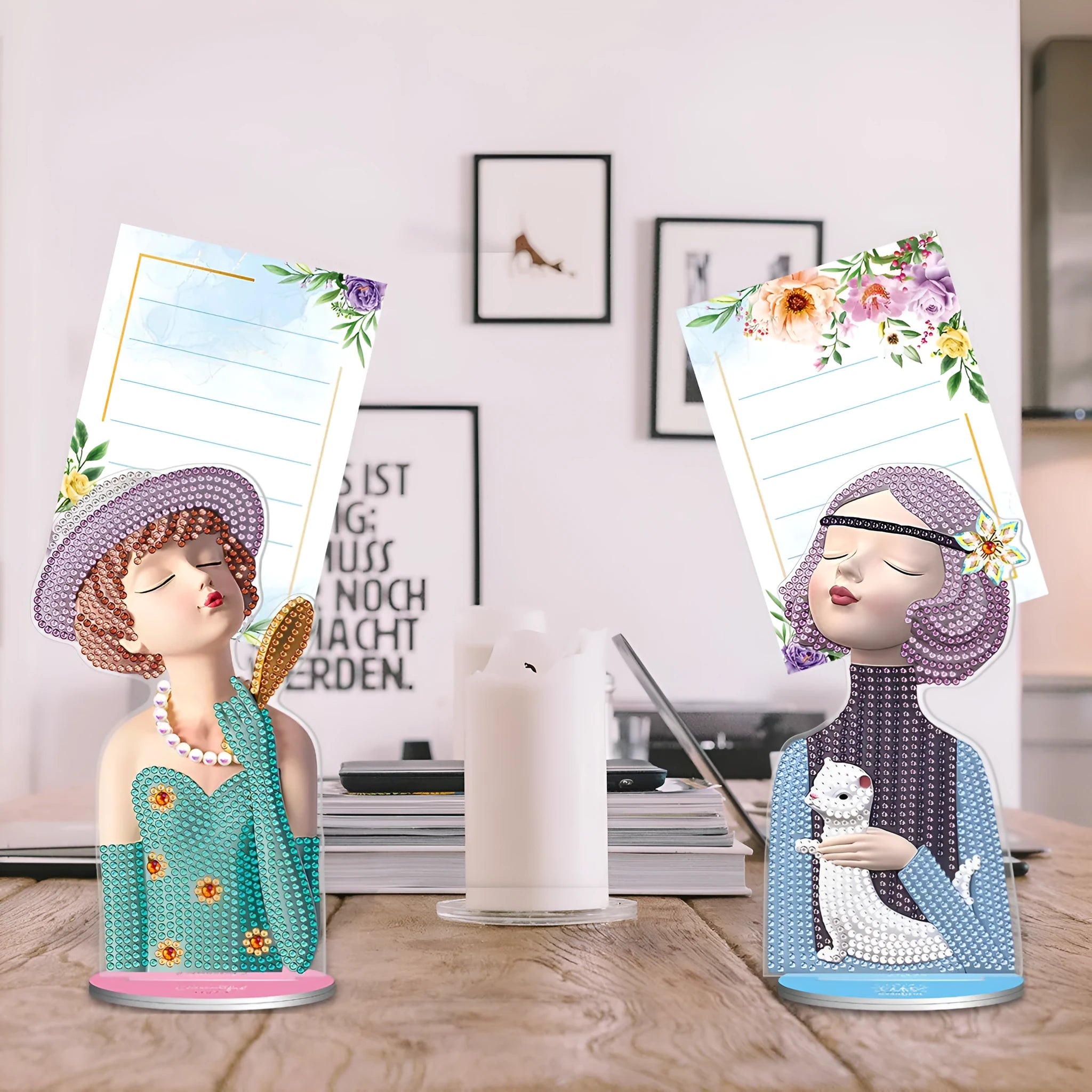American style diamond painting decorative note clip with frameless handmade construction on desktop