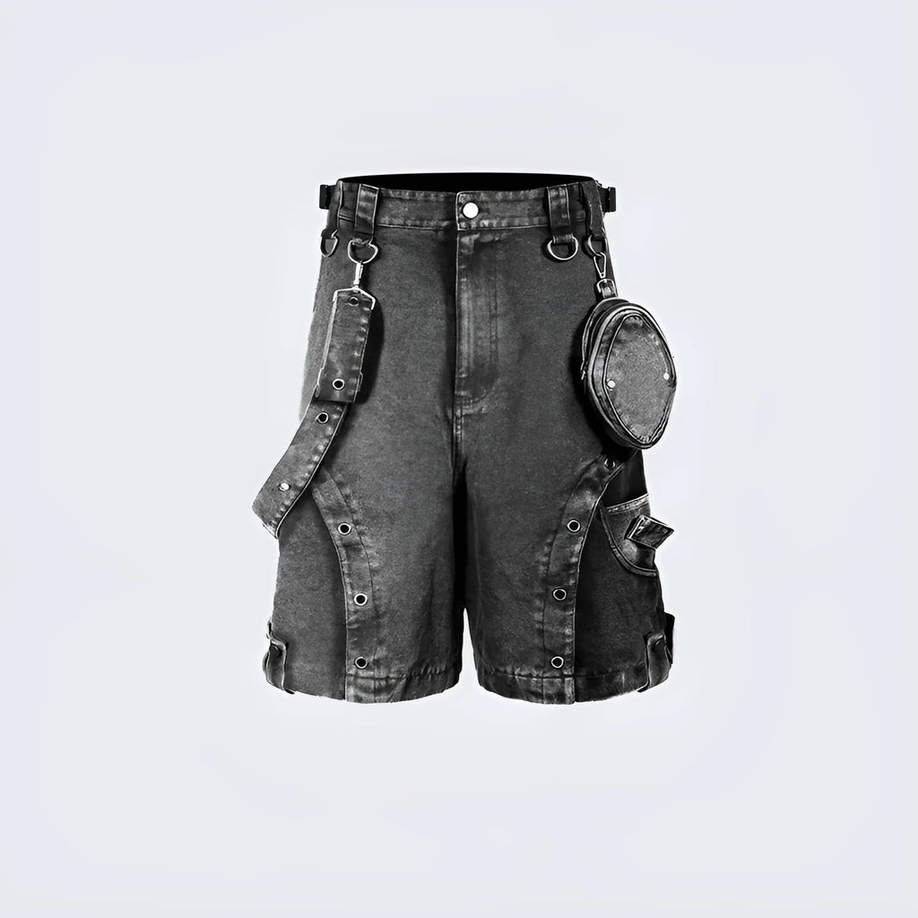 A pair of women's retro-style, loose-fit, high-waist denim shorts in a washed colour, laid flat.