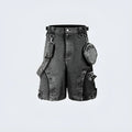 A pair of women's retro-style, loose-fit, high-waist denim shorts in a washed colour, laid flat.