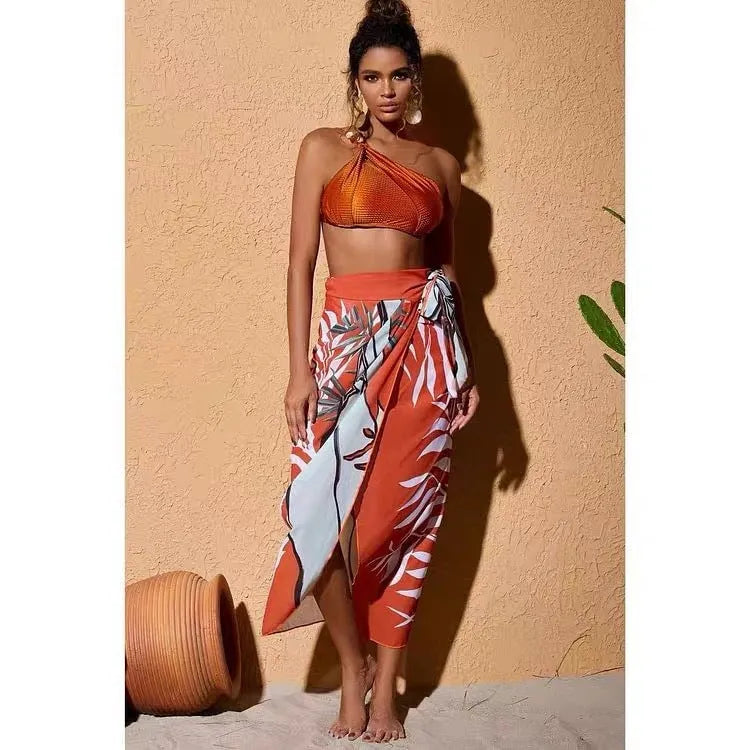 Women's push up bikini high waist split swimsuit in chiffon style with lining, shown in brown, black, and green colour options.