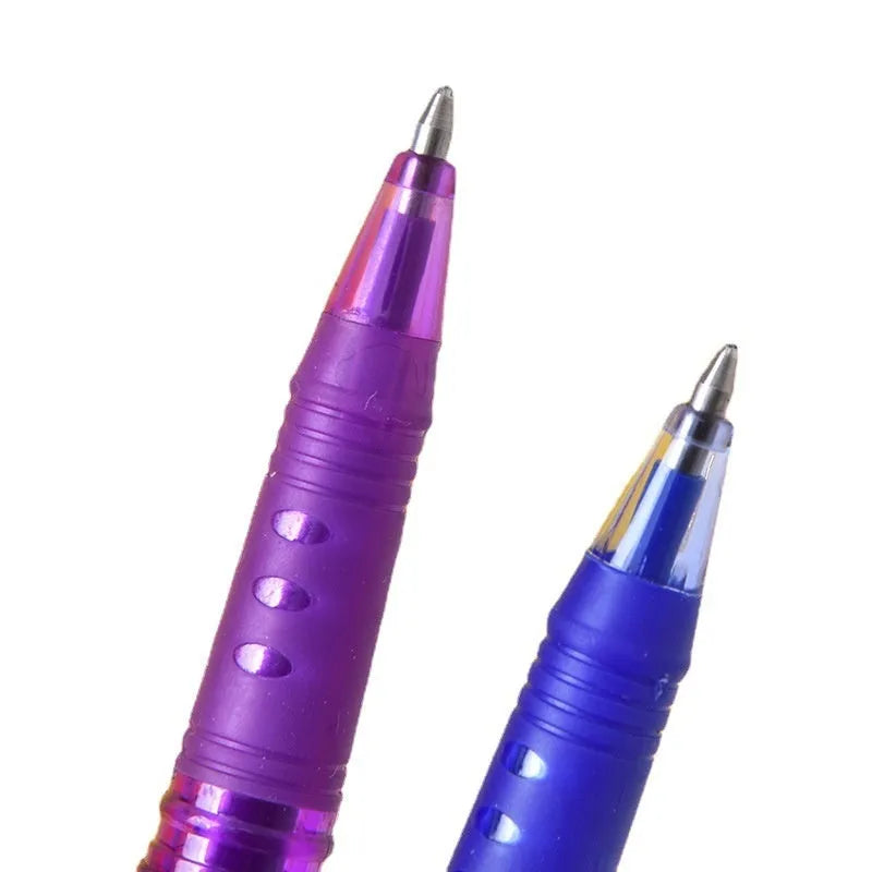 Hot erasable gel pen set showing plastic shell construction and stainless steel nib options in 0.5mm and 0.7mm sizes