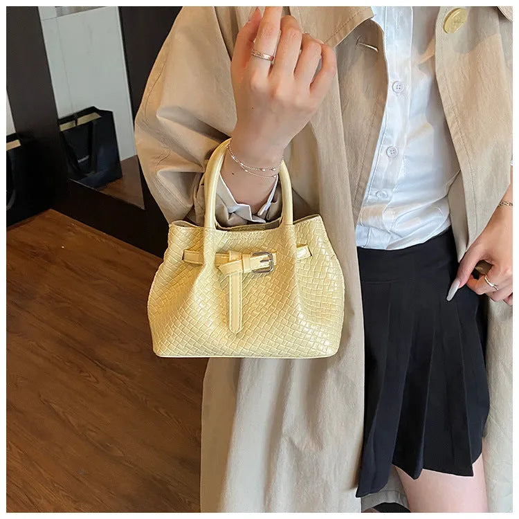 Women's PU messenger bucket bag in khaki with spliced design and three-dimensional outer pocket
