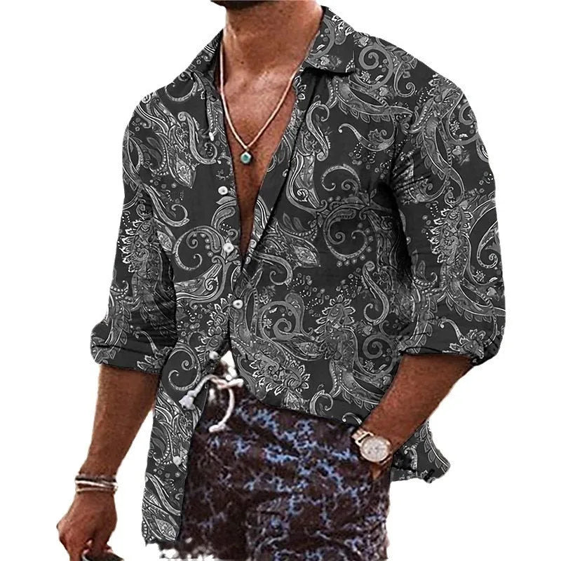 Man wearing a loose fit long sleeve shirt with a detailed 3D flower pattern print