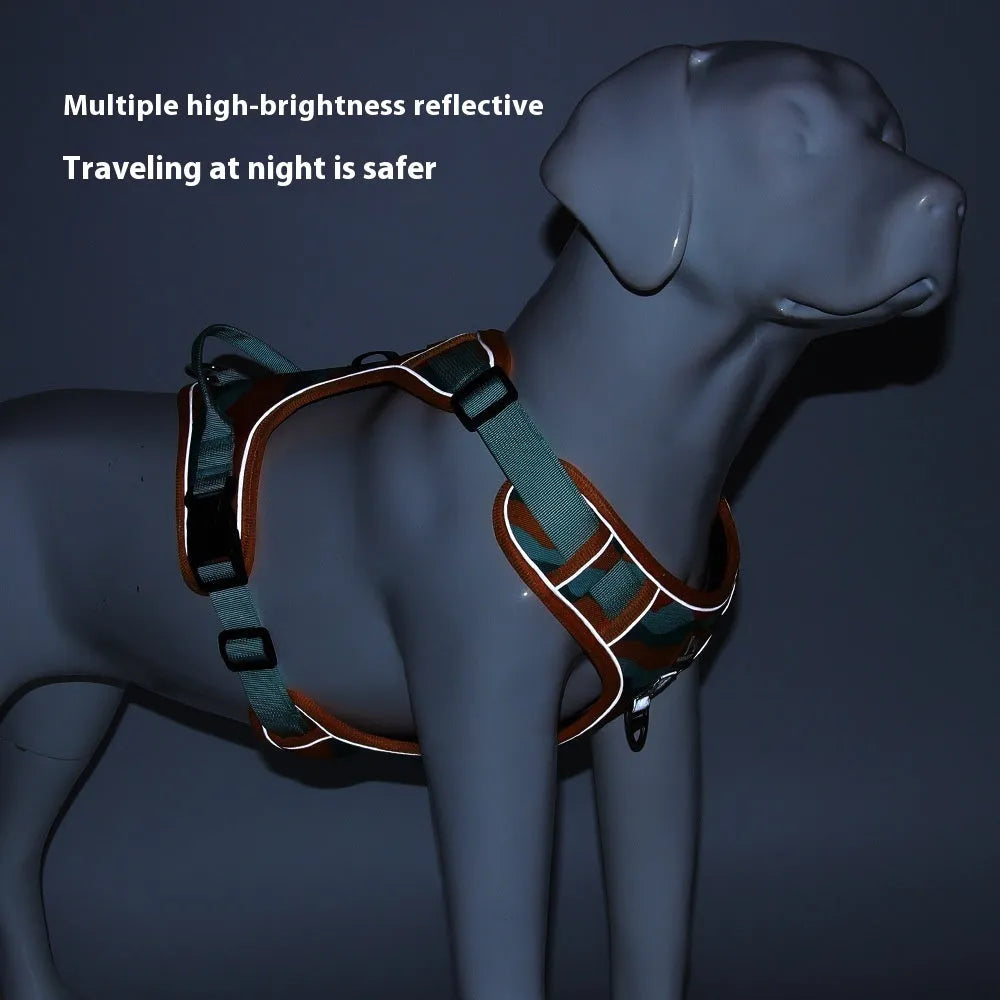 Orange Oxford cloth dog harness with reflective rope on a dog's chest and back