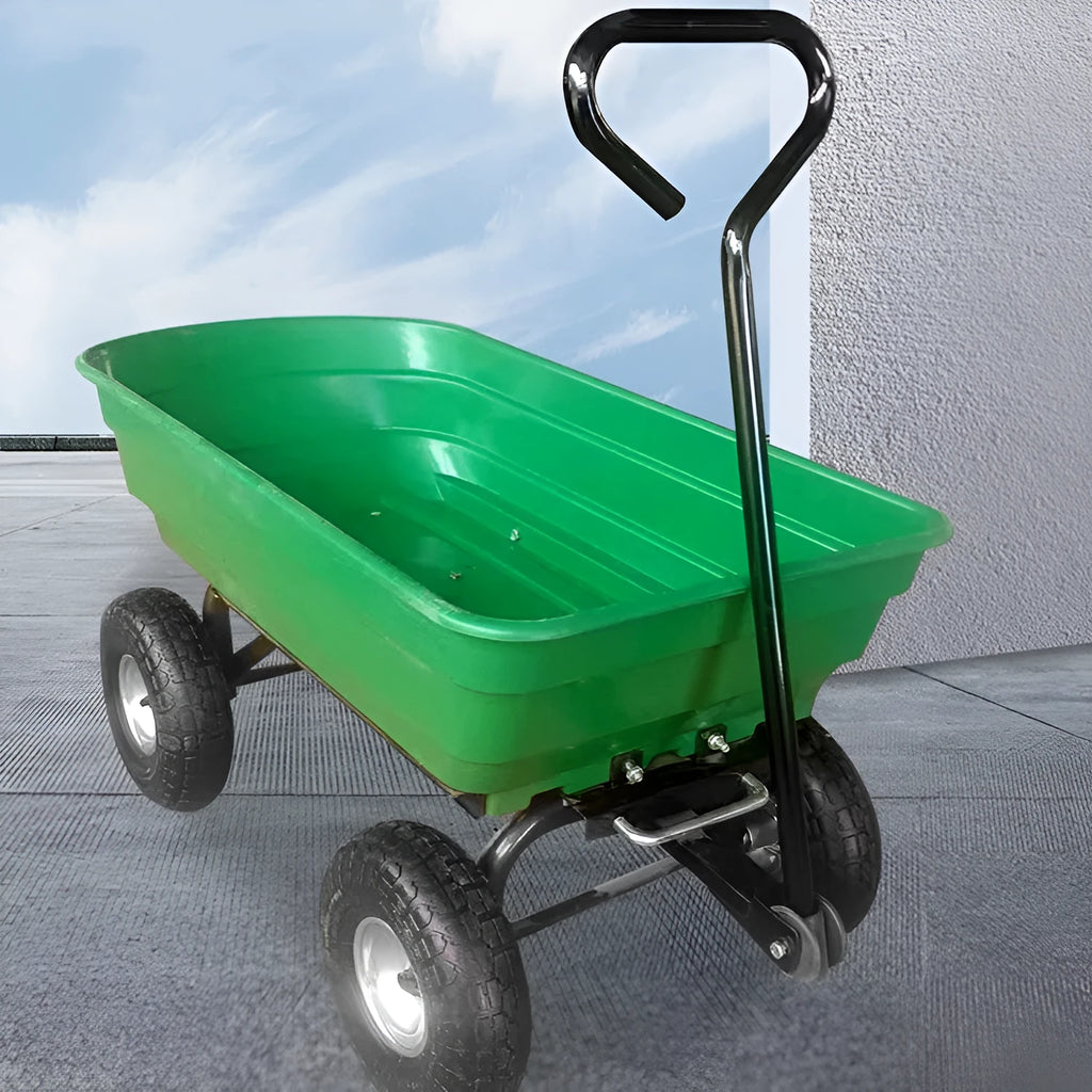 Green four-wheel plastic dumptruck with 350kg capacity for garden and construction use