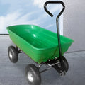 Green four-wheel plastic dumptruck with 350kg capacity for garden and construction use
