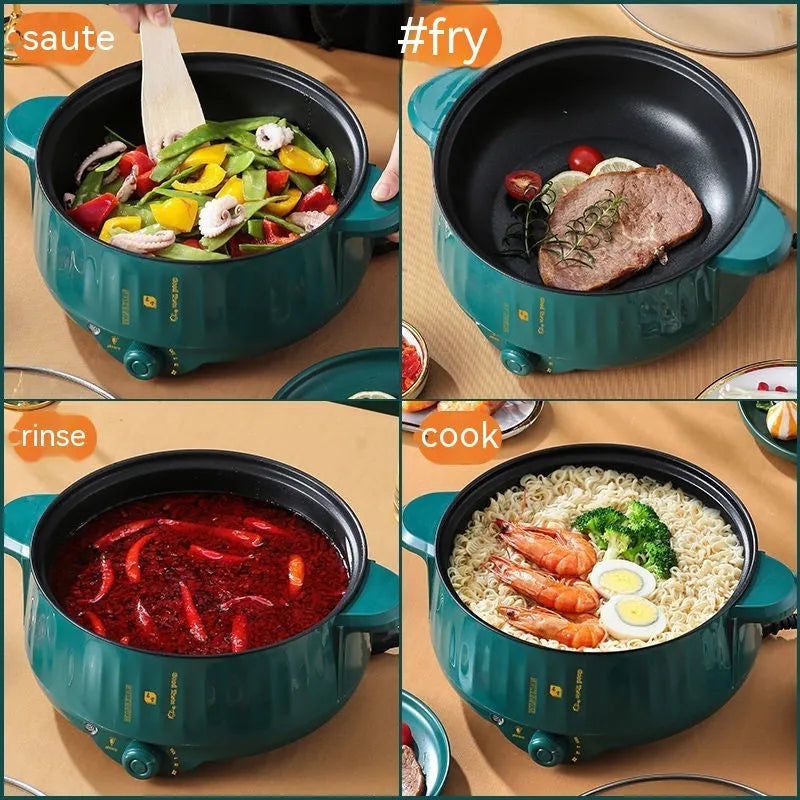 White electric multi-function hot pot with non-stick integrated cooking pot on a kitchen counter.