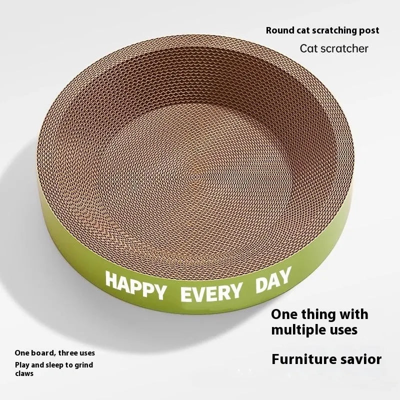 Green round cat scratching bed with sisal centre and removable faux fur cushion