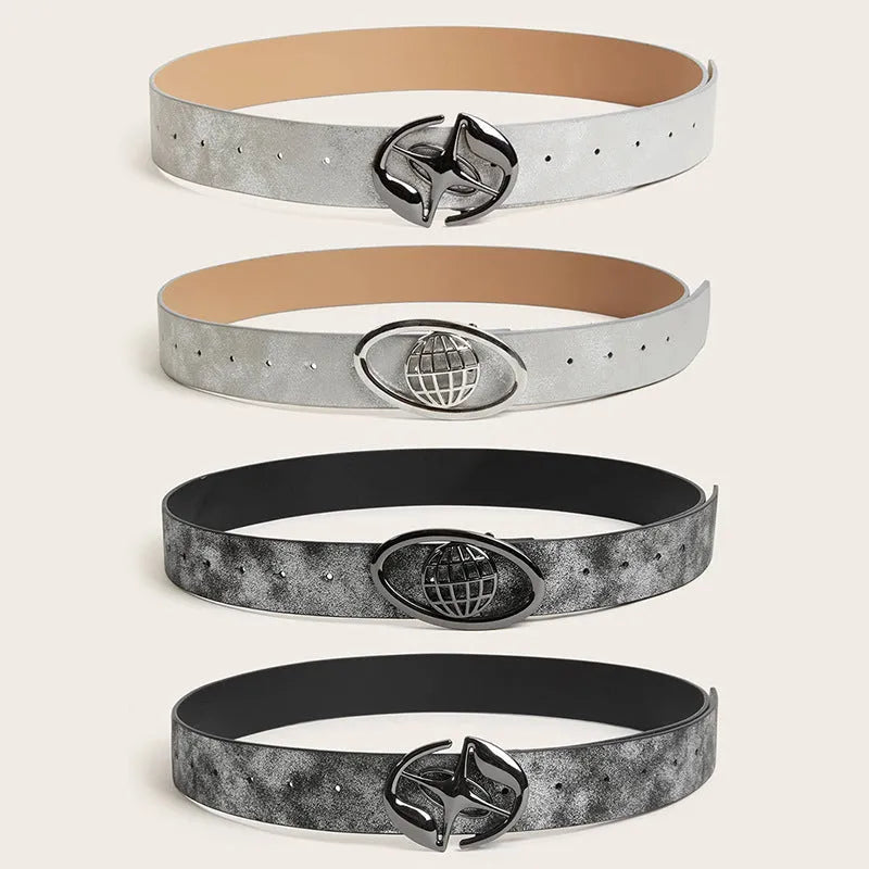 Retro women's belt with oval alloy buckle in thick PU leather, earth style grey white colour