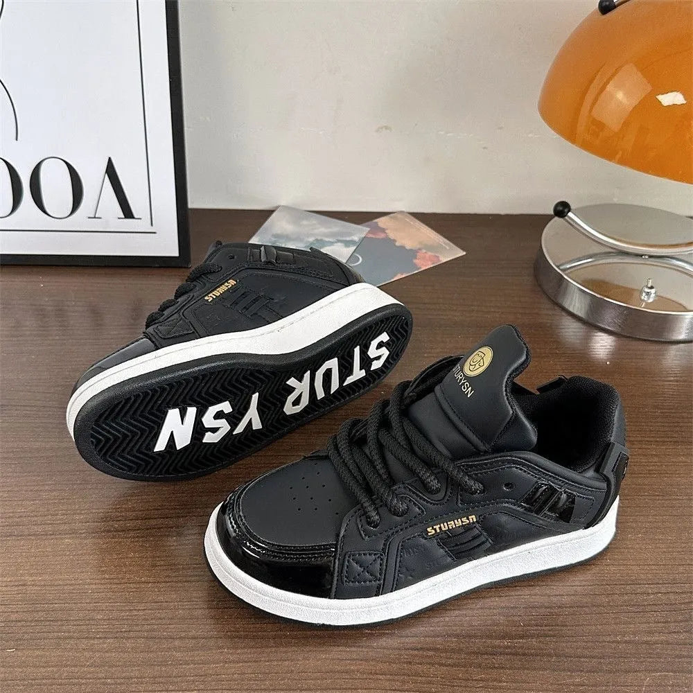 Men's black pu leather board shoes with thick rubber sole and lace-up front