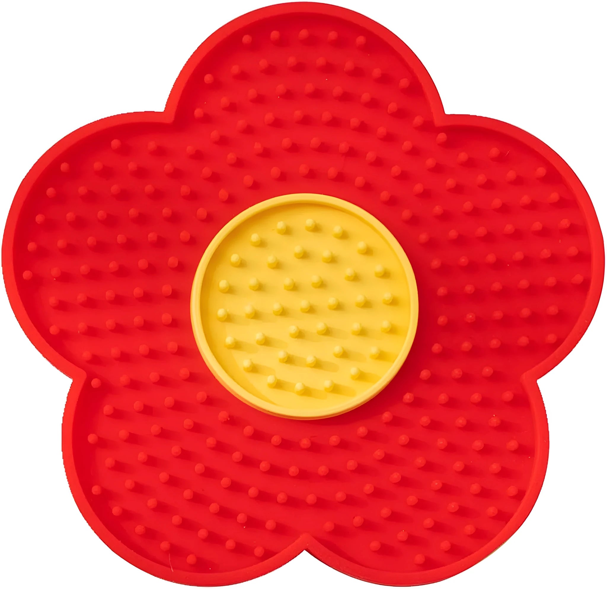 Flower-shaped silicone pet lick pad with suction cup base in assorted colours.