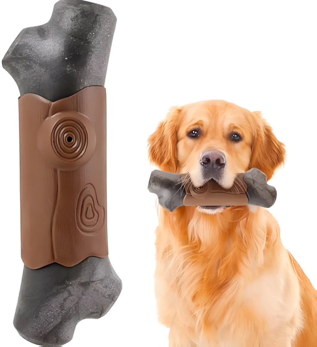 Branch-shaped nylon dog chew toy with bacon flavour and squeaker for aggressive chewers