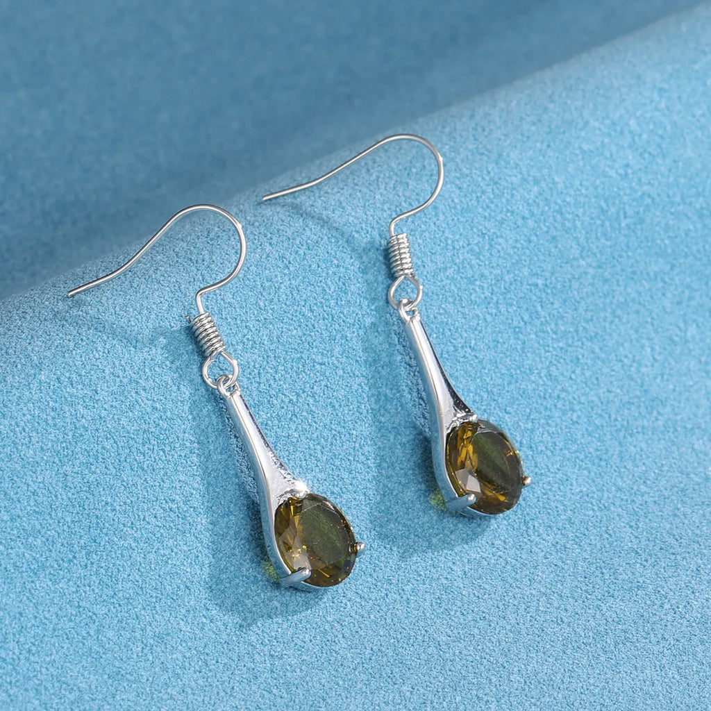 Olive green topaz drop-shaped earrings with retro design on alloy with electroplated finish