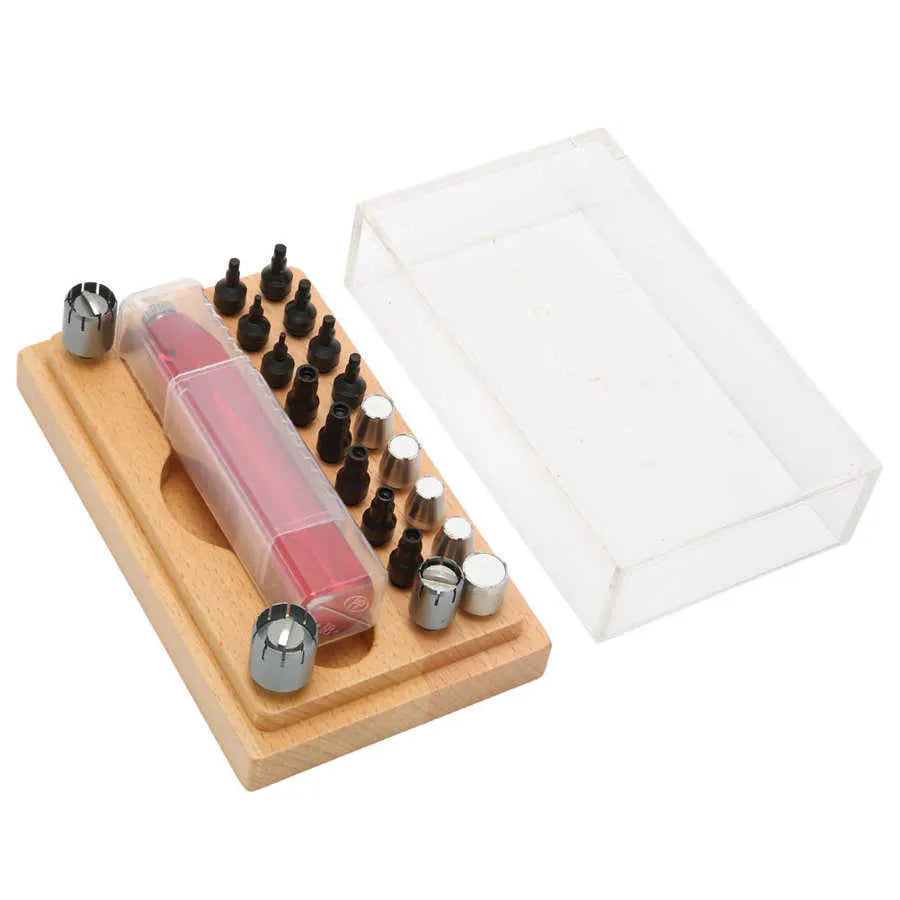 20-piece steel watch repair tool set with open tube tool in a black storage case.