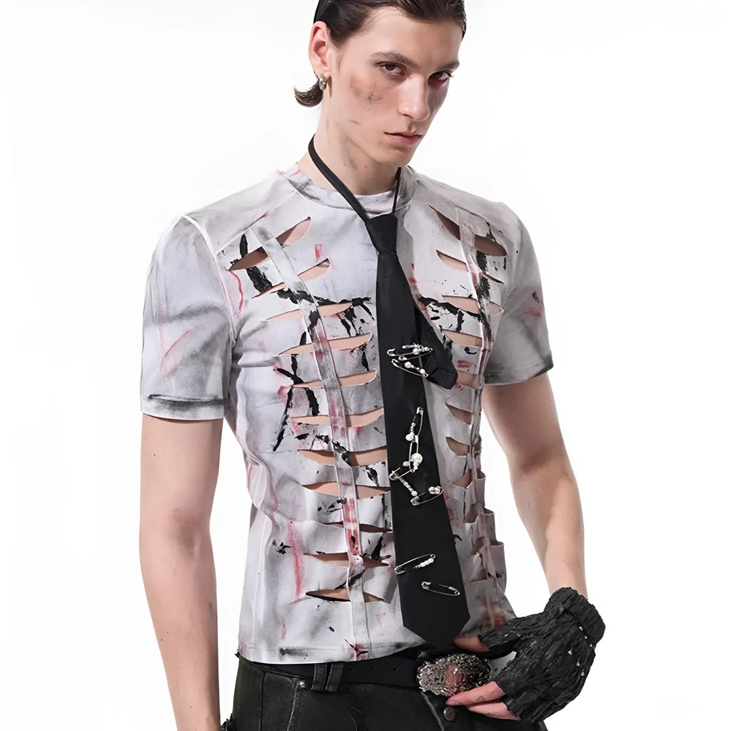 White men's stretch cotton short sleeve t-shirt with hollow-out detail and round neck collar.