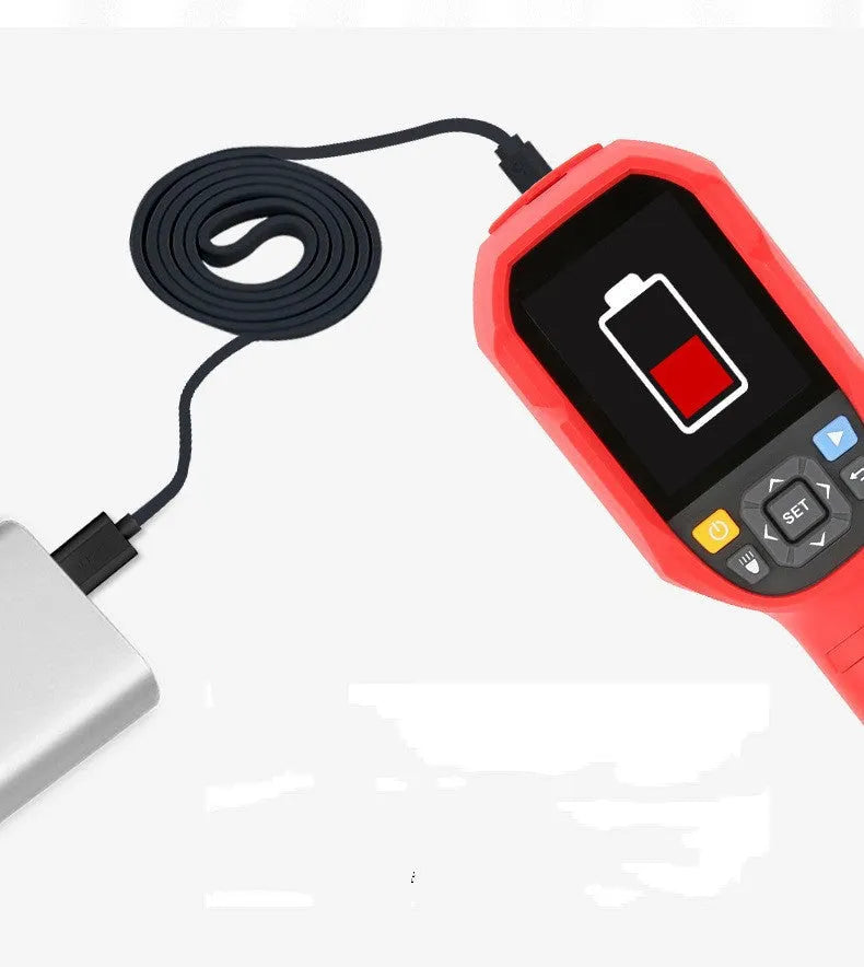 UTi series handheld infrared thermal imager with display screen shown alongside USB cable and storage card.