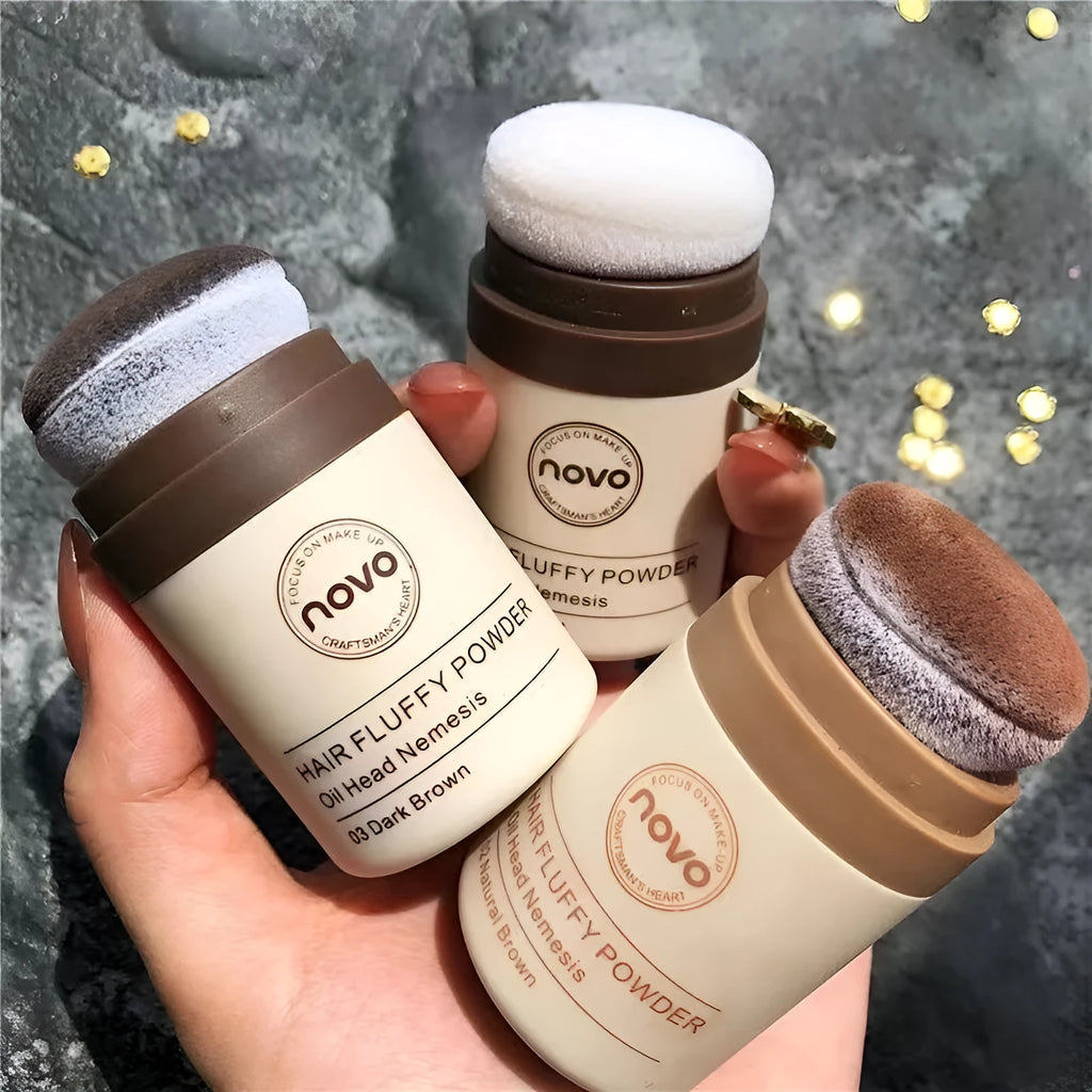 Mattifying face powder container showing natural transparent and brown shade options for oil control