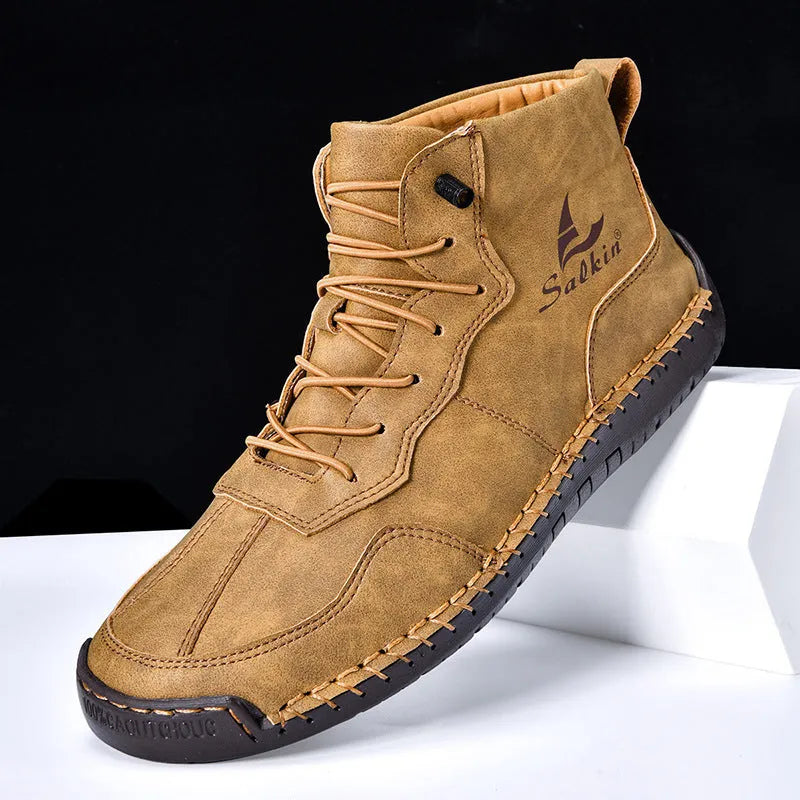 Retro high-top casual boots in beige with elastic side closure and round toe