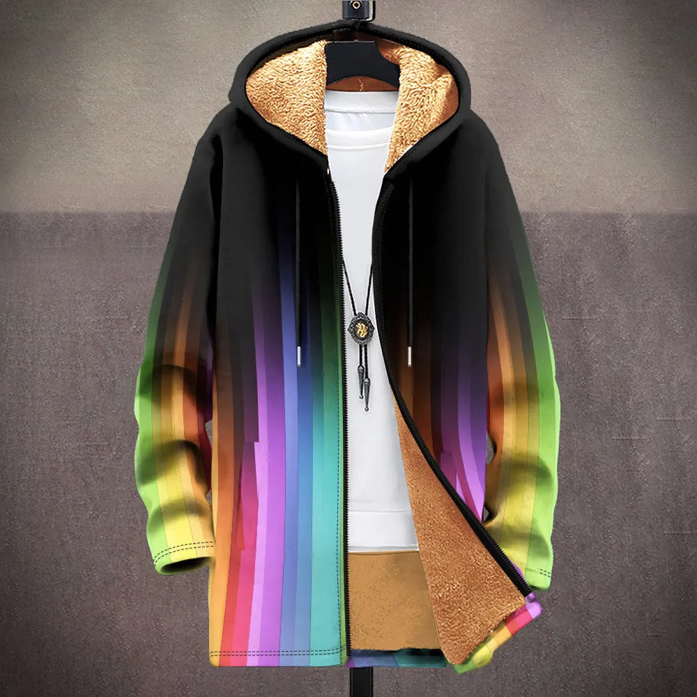 Man wearing a loose-fit zip-up hooded cardigan with a multicolour digital print pattern.