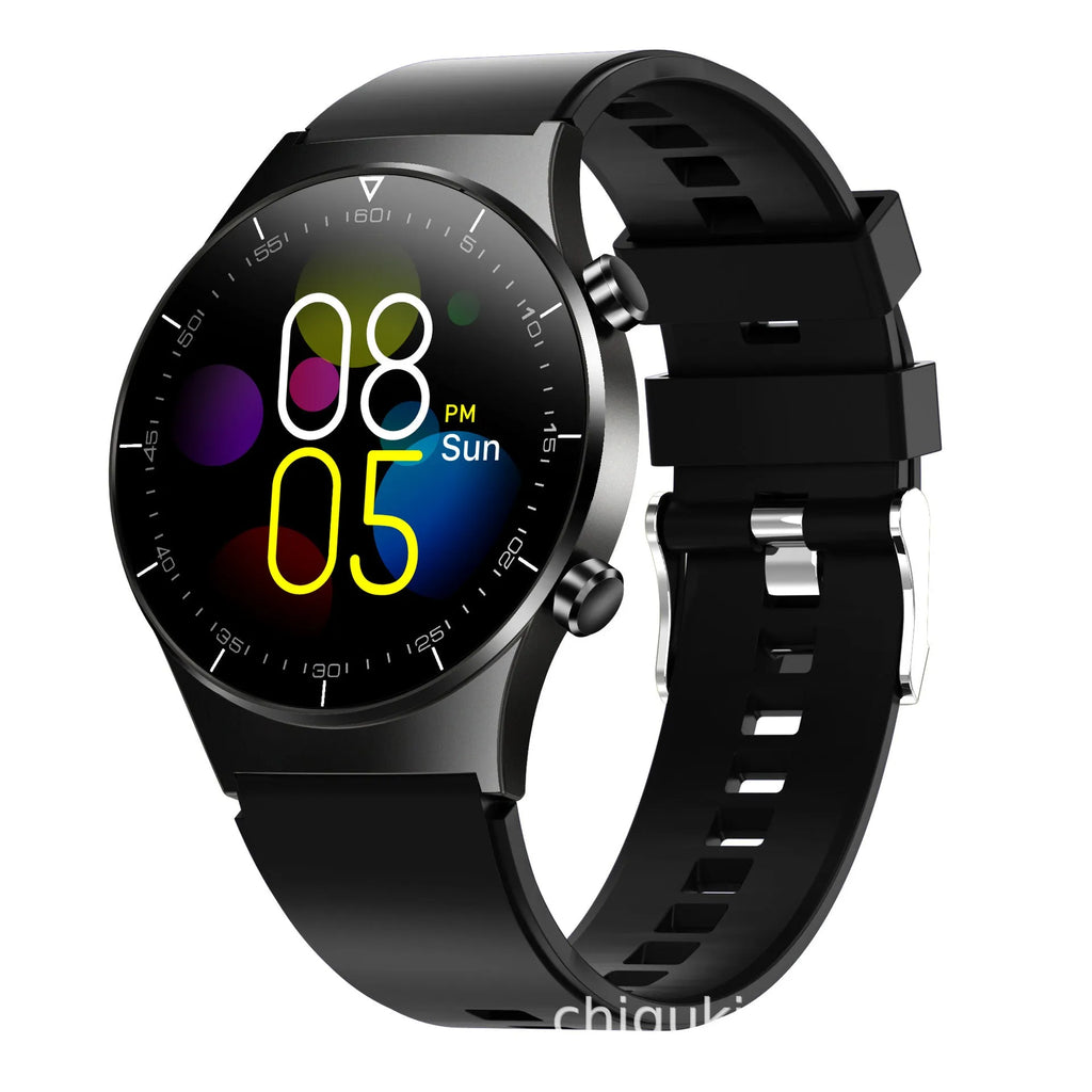 Black smart watch with 1.28-inch screen showing heart rate display on a TPU wrist strap.