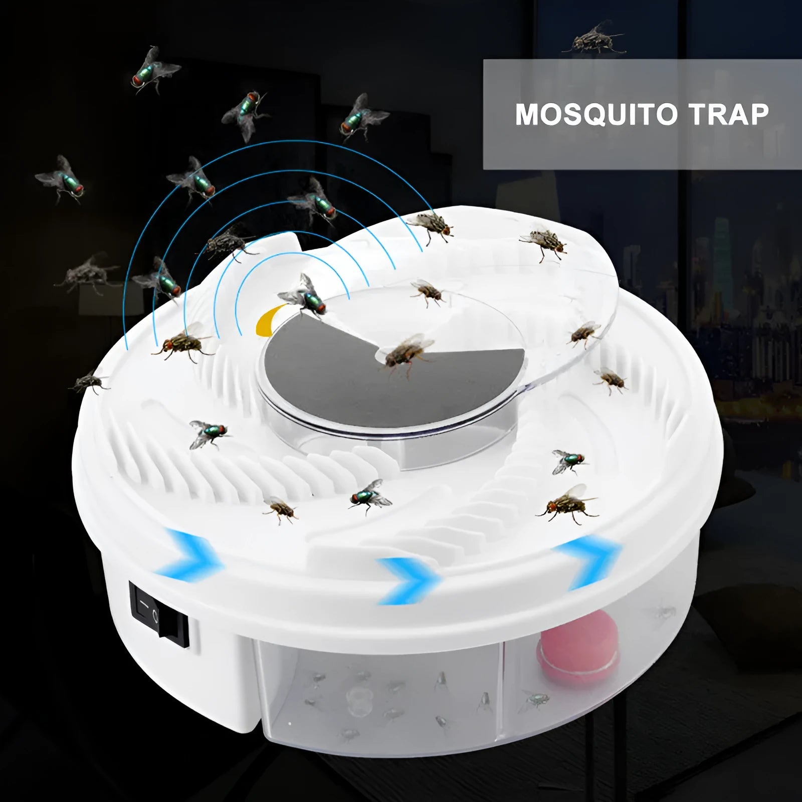 White PP USB electric fly trap on a surface with compact 205x205x80mm dimensions and 380g weight