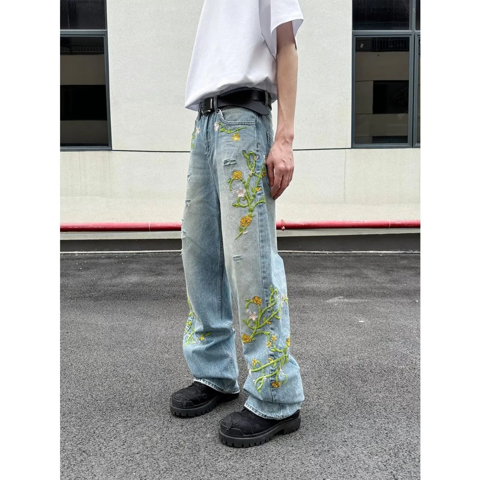 Blue cotton denim high street casual wide leg pants with mid waist and zip placket fly, straight-leg style