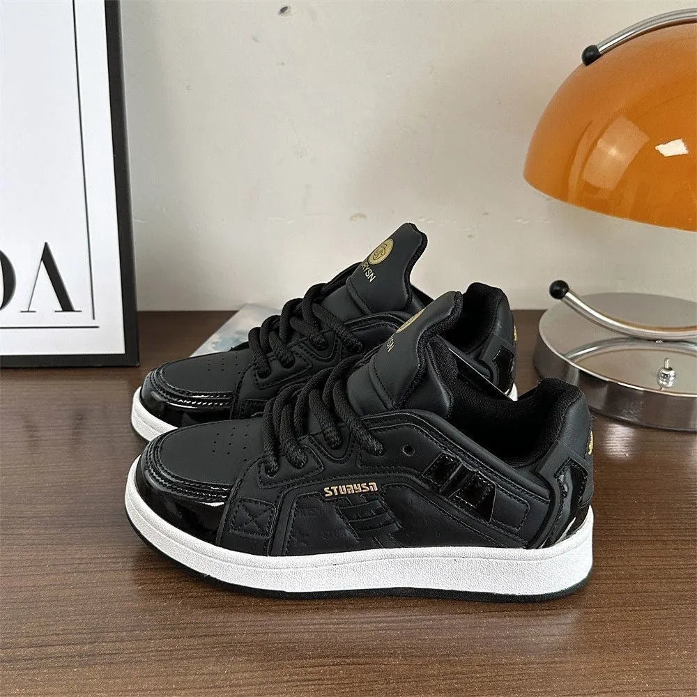 Men's black pu leather board shoes with thick rubber sole and lace-up front